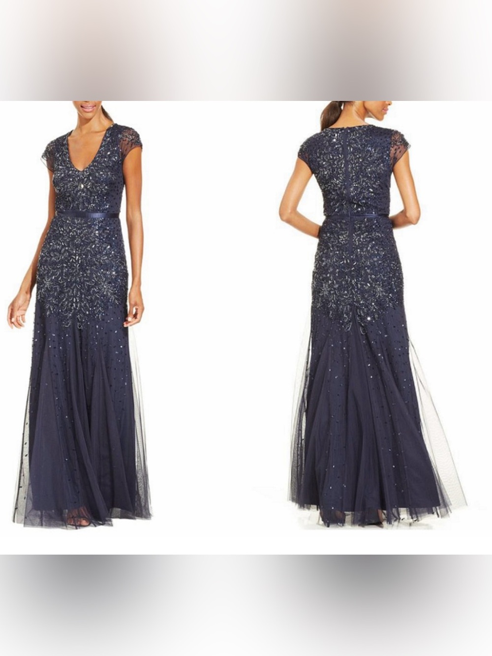 Adrianna Papell Women’s Midnight Beaded Cap Sleeve Formal Evening Gown Dress 14W